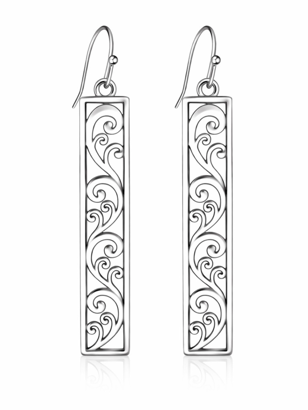 Silver Filigree Bar Dangle Earrings Rectangle Drop 2.13in